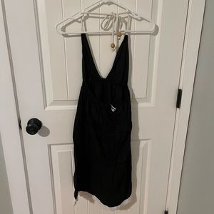 Black cotton halter beach dress with white lace and rope details